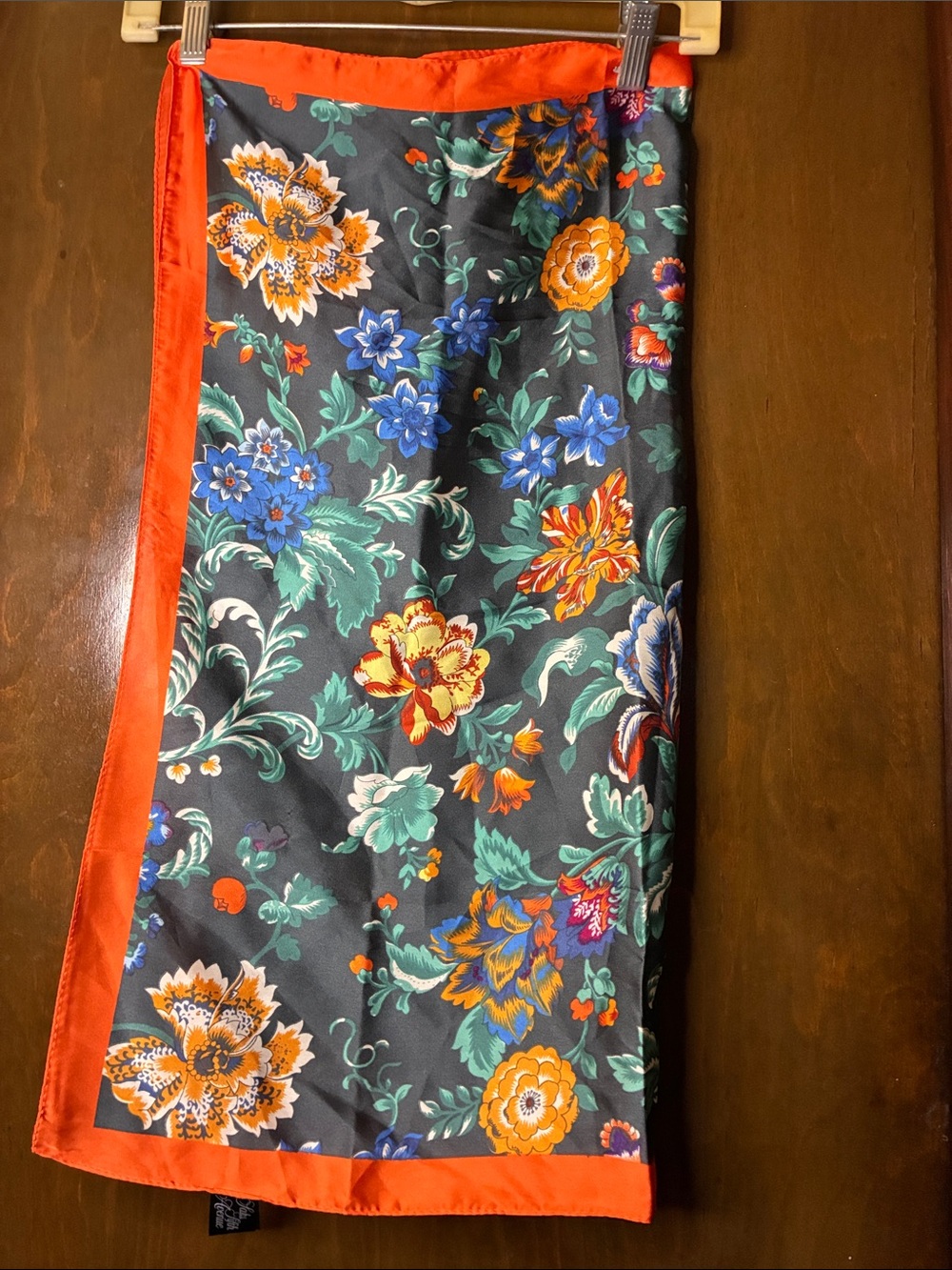 Floral Print Scarf with Orange Trim